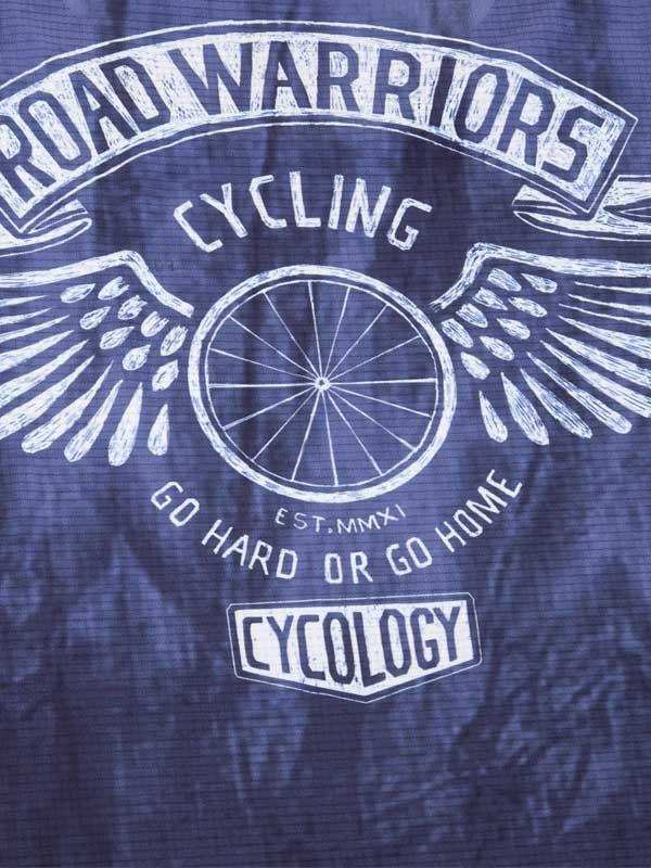 Blue cycling jersey with 'Road Warriors' graphic, winged wheel design, and 'Go Hard or Go Home' slogan