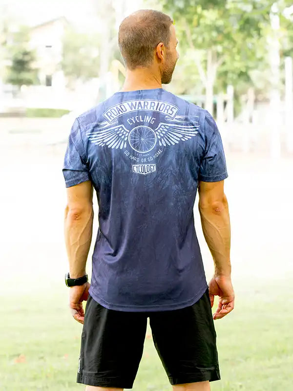 Road Warriors Men's Blue Technical T shirt on Model | Cycology AUS