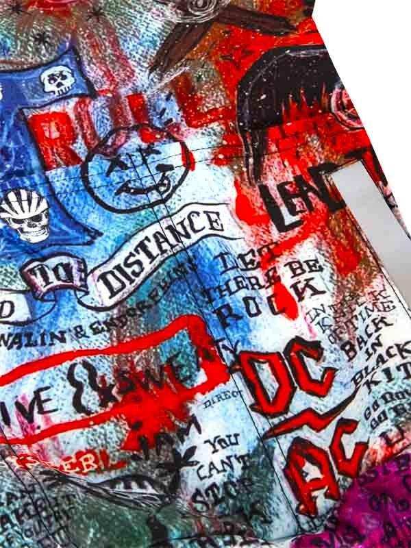 Vibrant rock-themed cycling jersey with skull, AC/DC, and 'Ride Distance' graphics on colorful fabric