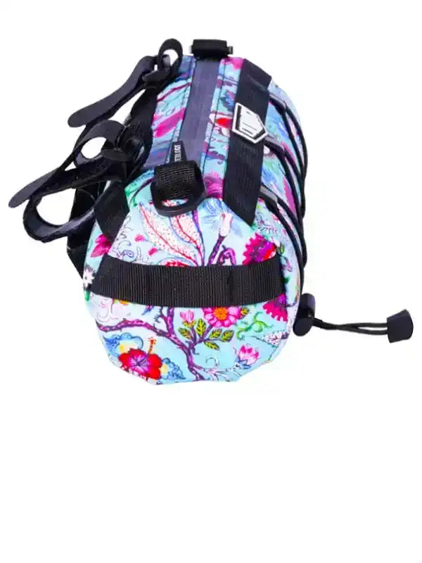 Colorful floral cycling saddle bag with black straps and secure buckles for bike storage