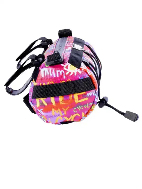 Colorful cycling saddle bag with 'Mum Ride My Cyclo' print, black straps, and drawstring closure for bike storage.