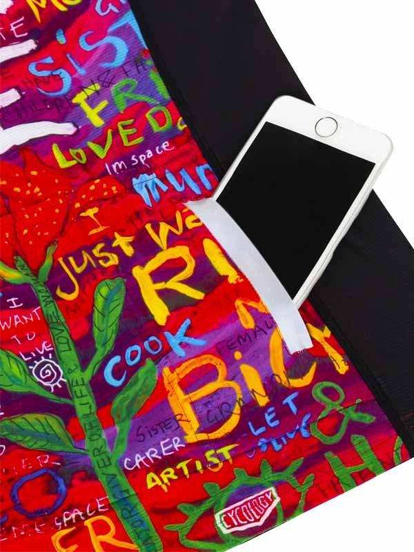Colorful cycling jersey with bold graffiti-style text and phone pocket, featuring vibrant red, purple, and green design.