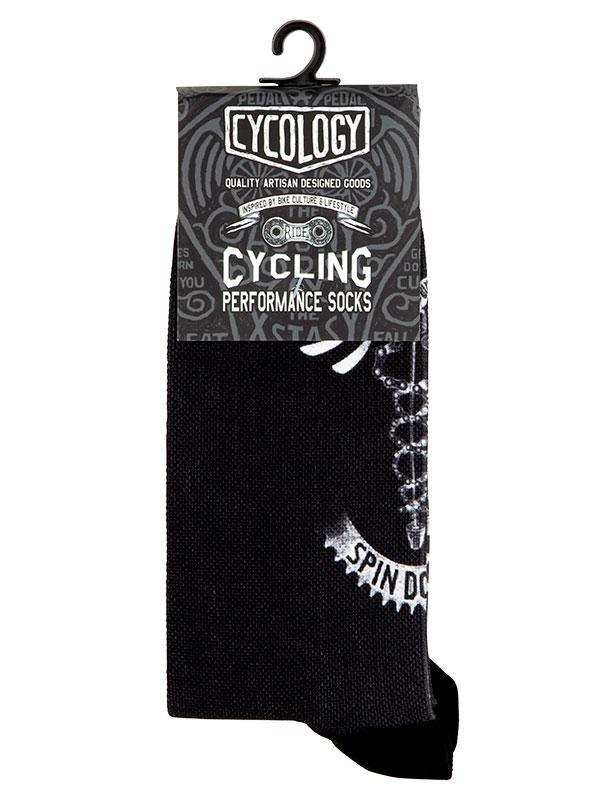 Black cycling performance socks with chain and gear design, ideal for bike enthusiasts and riders.