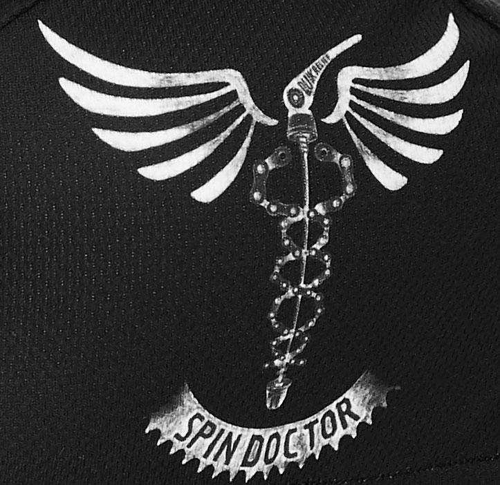 Black cycling jersey with 'Spin Doctor' graphic, wings, and chain design for men's and women's bike wear