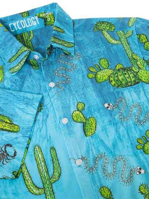 Blue men's cycling shirt with cactus and snake print, button-up design, lightweight fabric