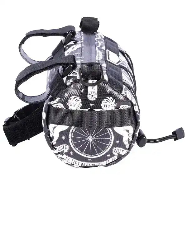 Black and white cycling saddle bag with artistic print, straps, and zipper closure for bike storage