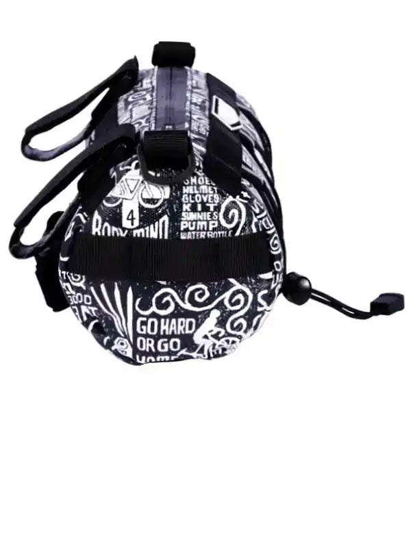 Black and white cycling gear bag with bold graphics and 'Go Hard Or Go Home' slogan, perfect for bike accessories.