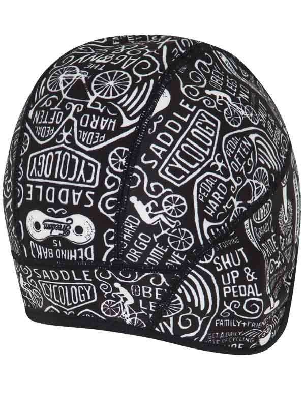 Black cycling cap with white bike graphics and cycling slogans, ideal for men and women riders