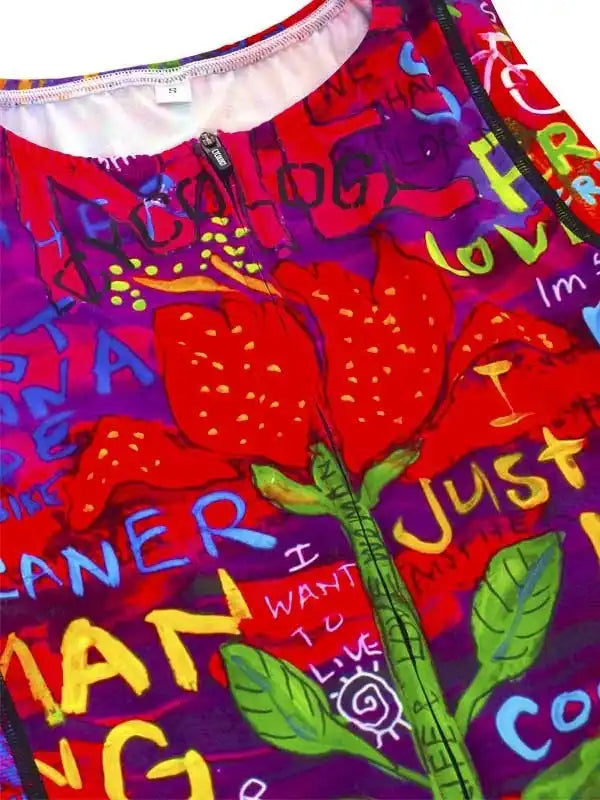 Vibrant cycling jersey with bold red flowers, colorful graffiti text, and green leaves on purple background