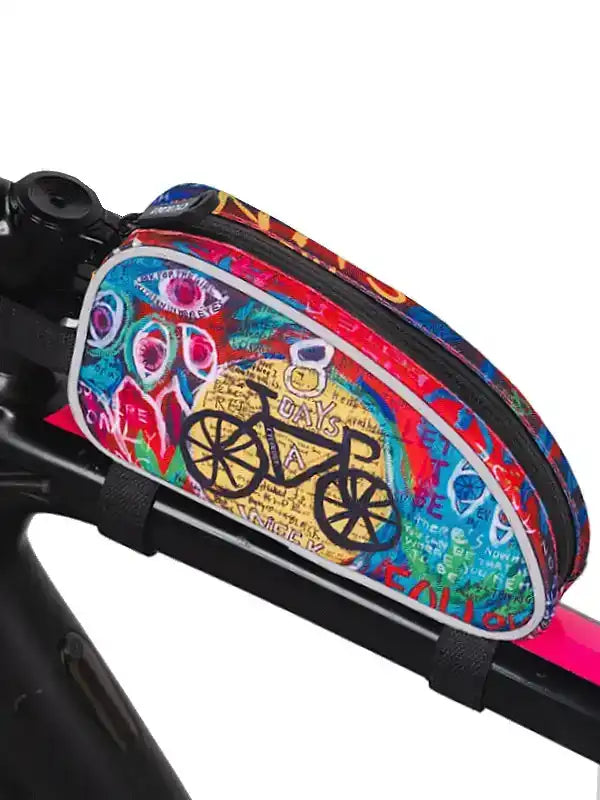 Colorful bike frame bag with graffiti-style art and bicycle graphic, perfect for cycling gear storage.