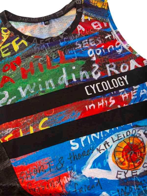 Colorful graphic cycling tank top with bold text and abstract art design
