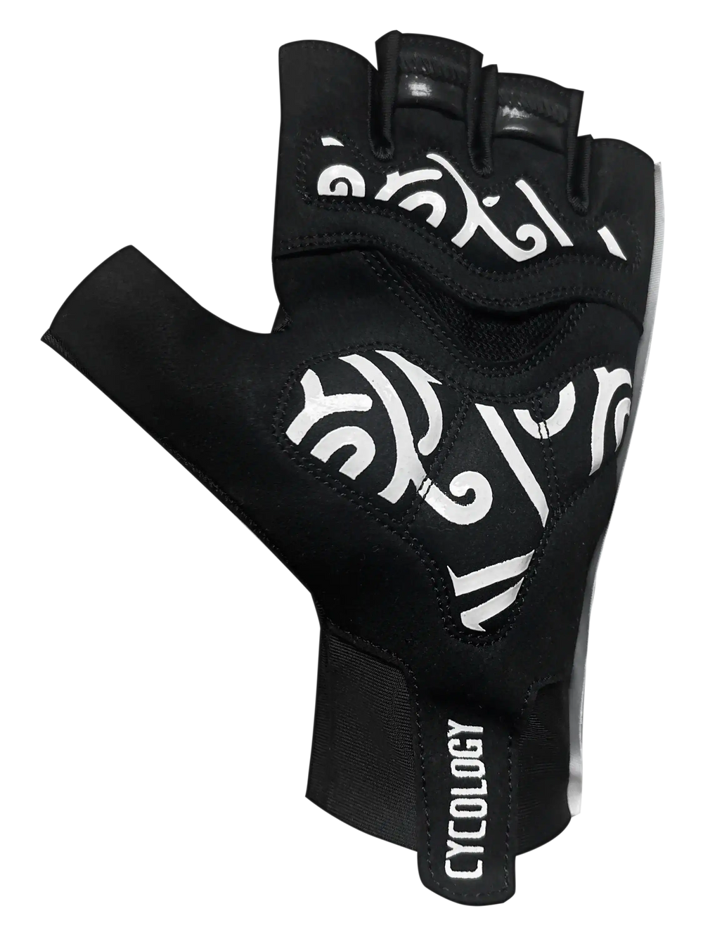 Black Cycology aero cycling gloves with white graphic patterns.