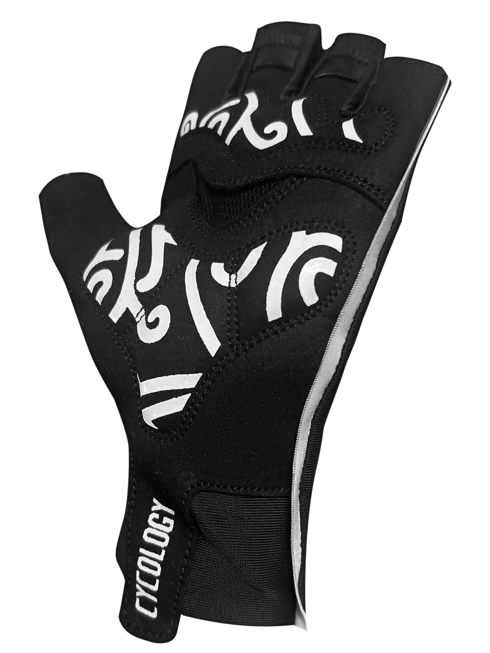 Cycology Black Aero cycling gloves with white graphic patterns.