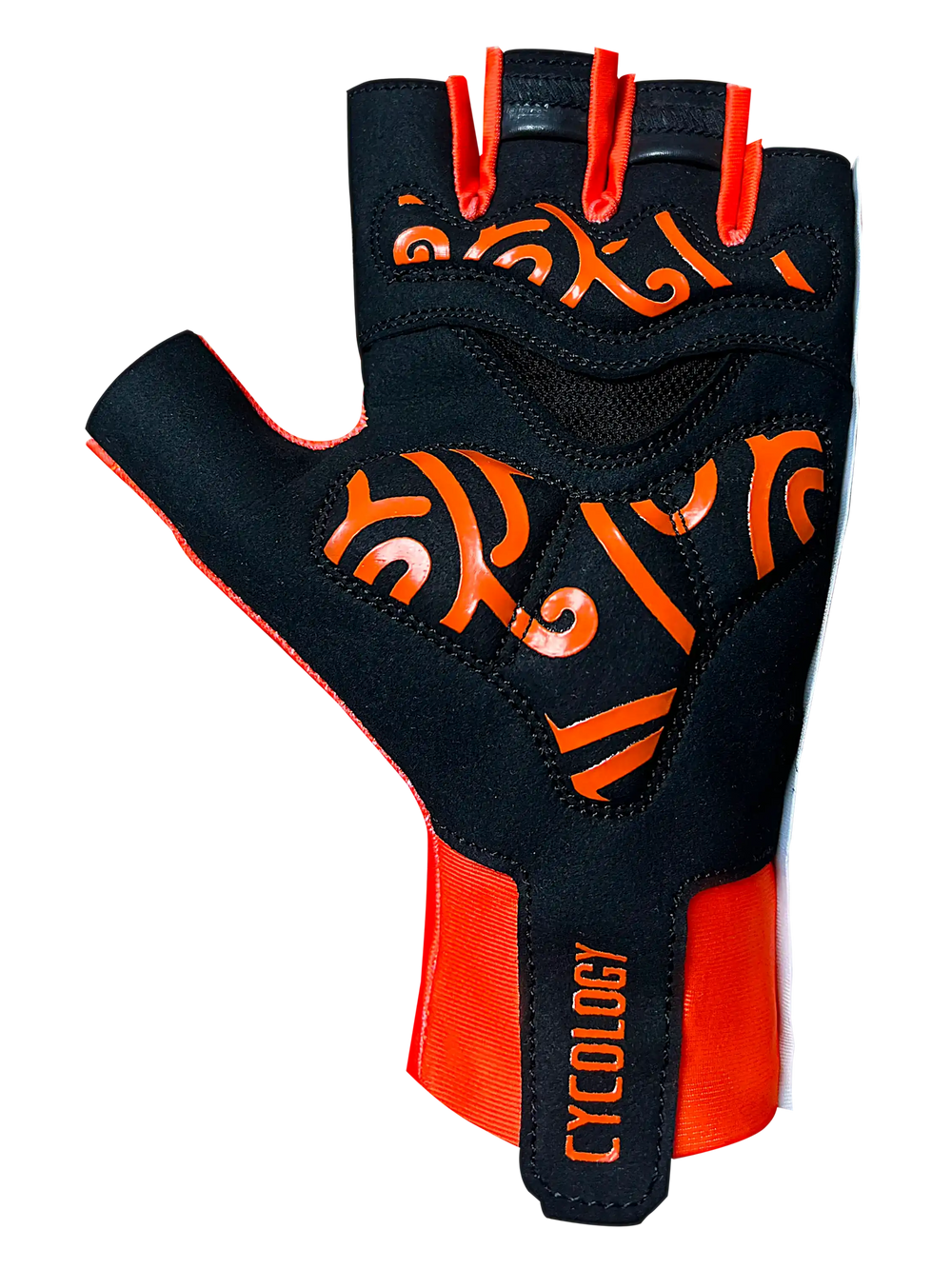 Orange and black Cycology aero cycling gloves with tribal pattern design