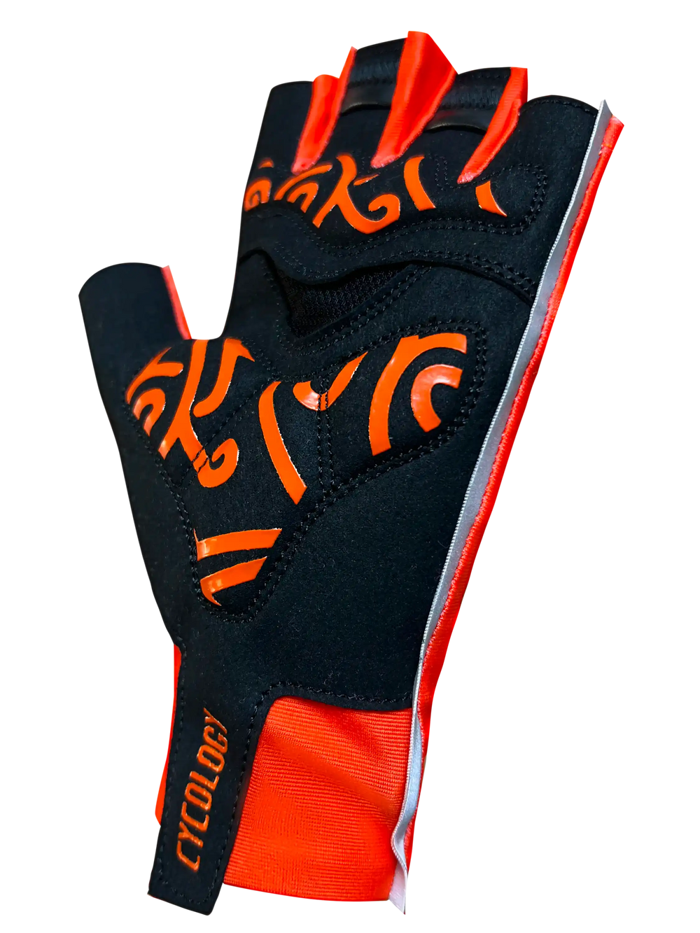 Orange and black Cycology Aero cycling gloves with unique graphic patterns.