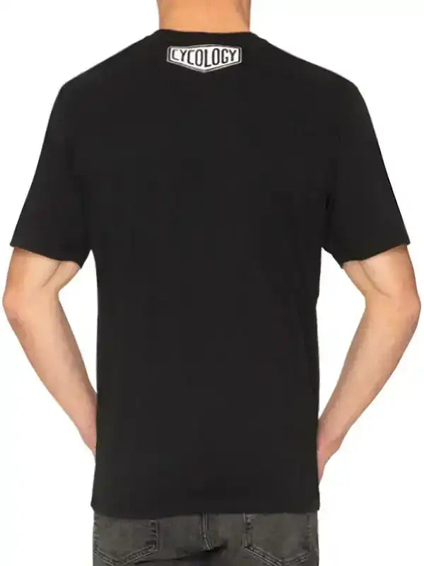 Black men's cycling t-shirt with 'CYCOLOGY' logo on back, casual fit for active lifestyle