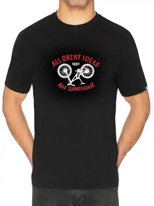 Black cycling t-shirt with 'All Great Ideas Are Dangerous' graphic and bike design