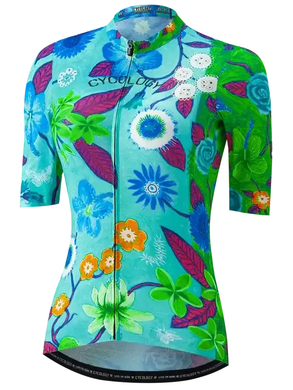Women's cycling jersey with vibrant floral print, short sleeves, and full zip for comfort and style.