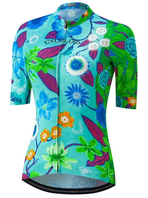 Aloha Aqua Women's Reborn Cycling Jersey with a floral pattern in aqua color.