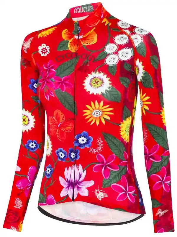 Vibrant red women's cycling jersey with floral print, long sleeves, and full zip for road biking comfort.