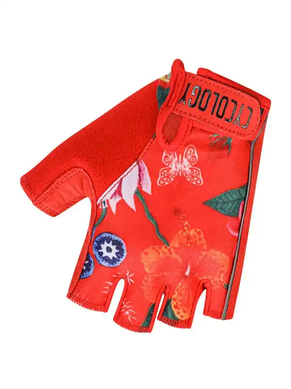 Red floral cycling glove with butterfly print, fingerless design for women's bike rides