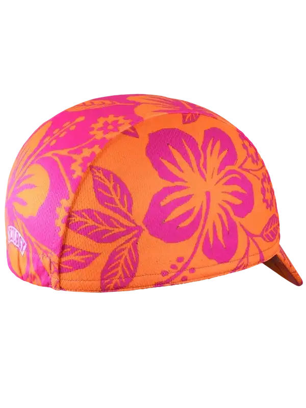 Vibrant orange and pink floral cycling cap with hibiscus print, ideal for sunny rides