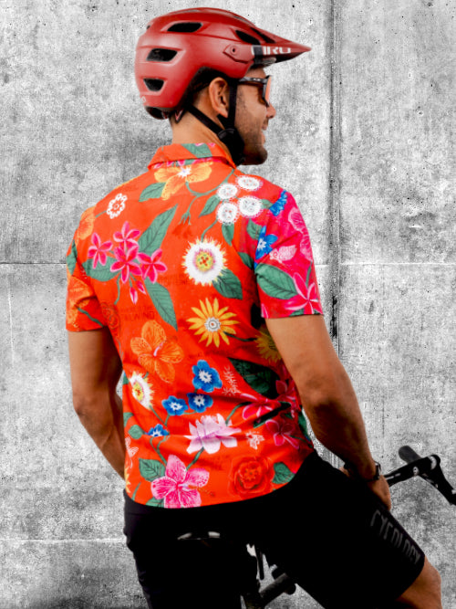 Aloha Red Men's Gravel Cycling Shirt on model back view | Cycology AUS