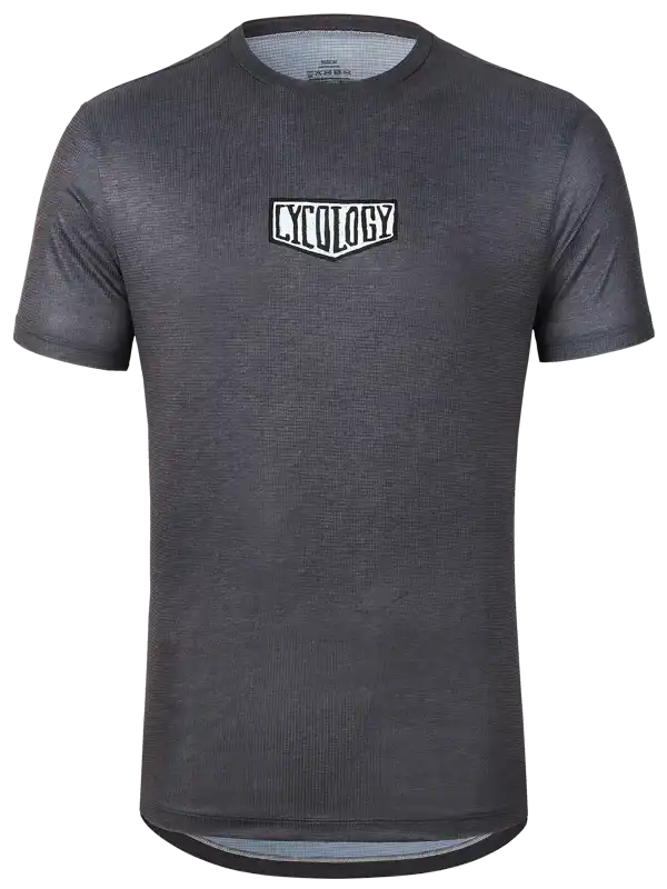 Dark gray men's cycling jersey with white Cycology logo, breathable fabric, short sleeves