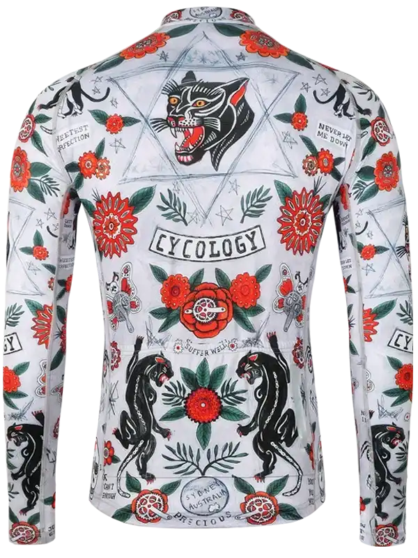 Men's cycling jersey with bold panther and floral tattoo-style print, featuring 'CYCOLOGY' branding
