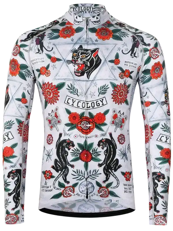 Men's cycling jersey with bold floral and panther print design, ideal for road biking adventures.