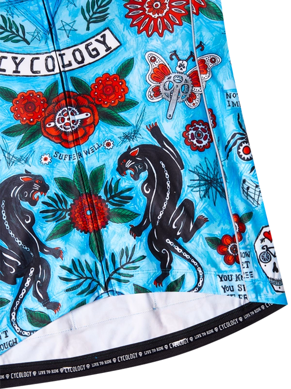 Colorful cycling jersey with a panther design and 'Cycology' branding on a blue background