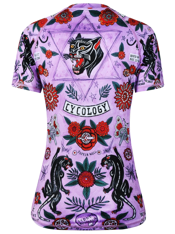 Women's Song-sleeve MTB Jersey with colorful floral and panther design on a purple background
