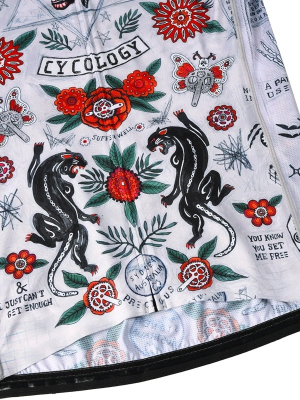 Product fabric with black panther design, red flowers, and text on a white background