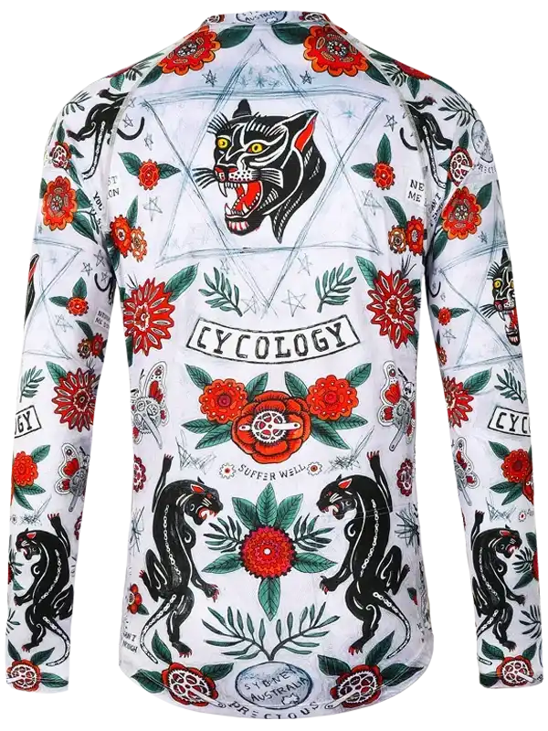 Men's cycling jersey with bold panther and floral tattoo print, long sleeves, vibrant red and black design