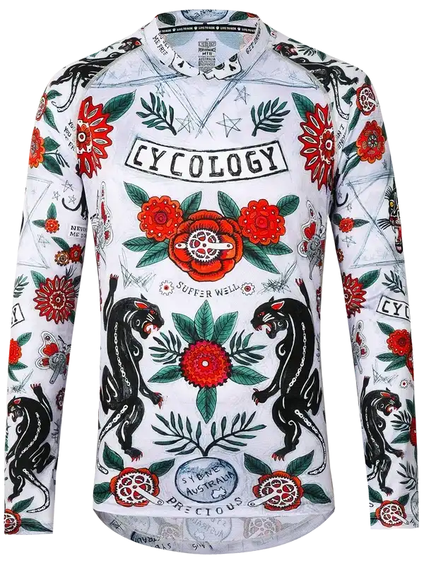 Men's long sleeve cycling jersey with bold floral and panther print, featuring 'Cycology' branding and bike gear motifs.