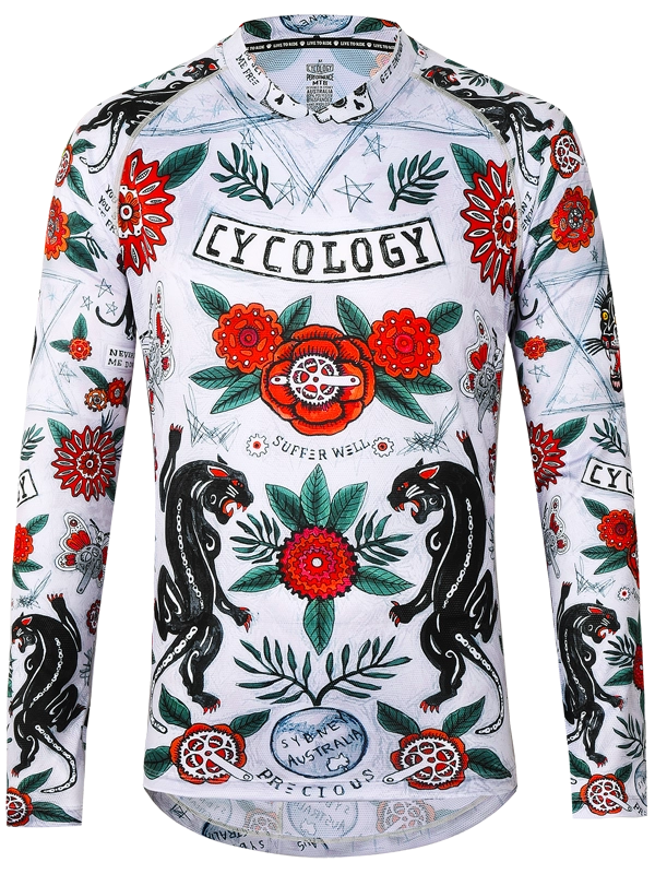 Long-sleeve MTB Jersey with floral and panther design on a light grey background, featuring the brand 'Cycology'.