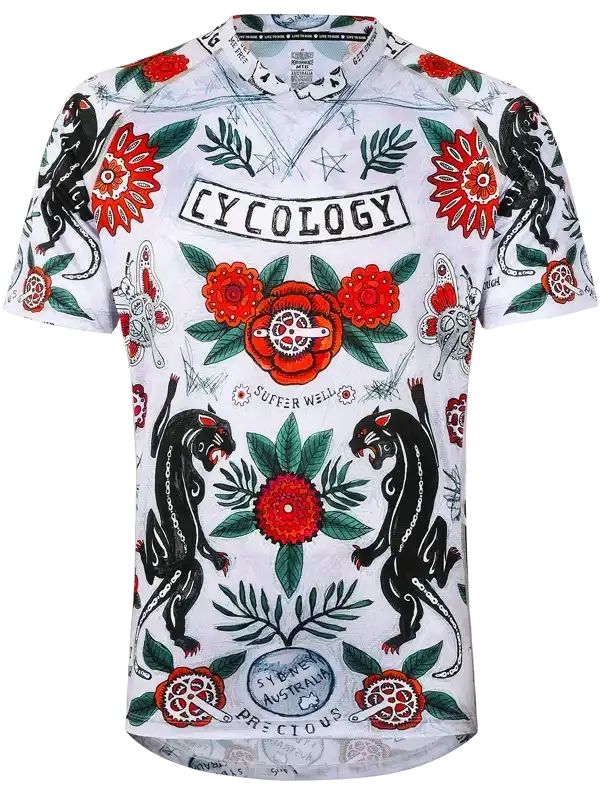 Men's cycling jersey with bold floral and panther print, featuring 'CYCOLOGY' text and bike gear details