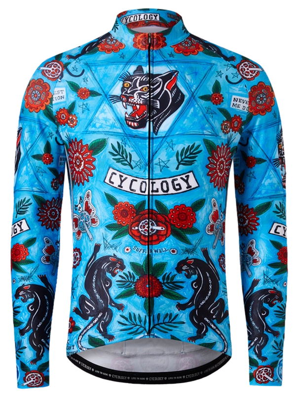 Colorful cycling jersey with floral and panther design 