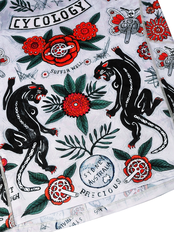 Short-sleeve MTB Jersey with floral and panther design on a light grey background, featuring the brand 'Cycology'.