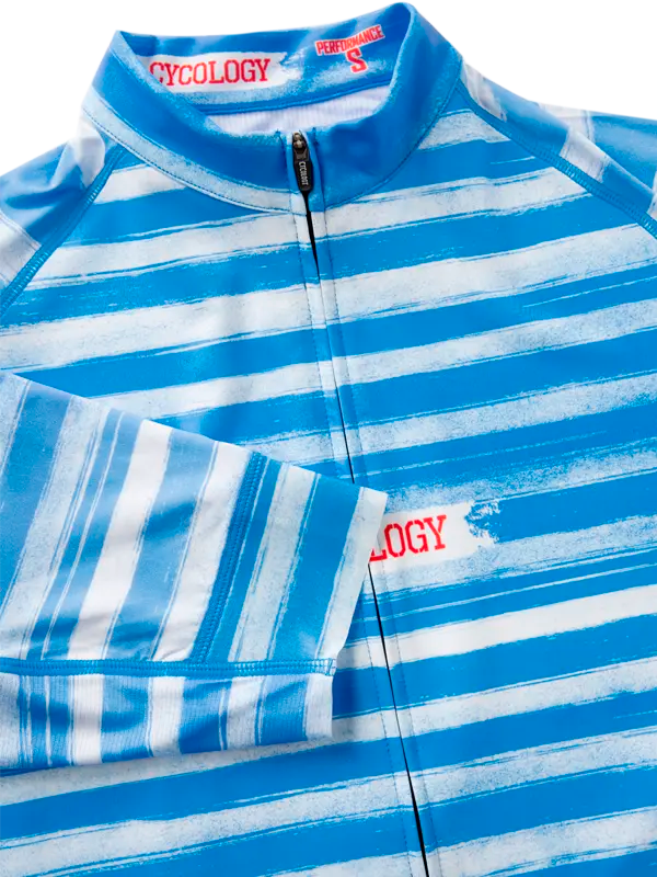 Blue and white striped cycling jersey with 'Cycology' branding