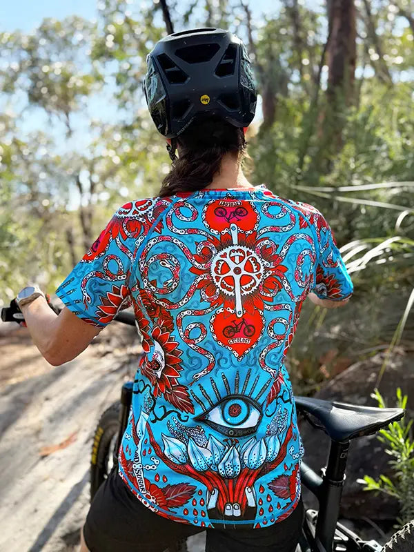 Baja Blue Women's Short Sleeve Mountain Bike Jersey Back on model  | Cycology AUS
