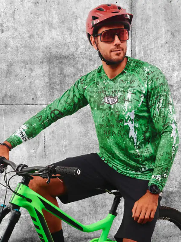 Baz Green Men's Long Sleeve Black Mountain Bike Jersey  On model Front Image | Cycology AUS
