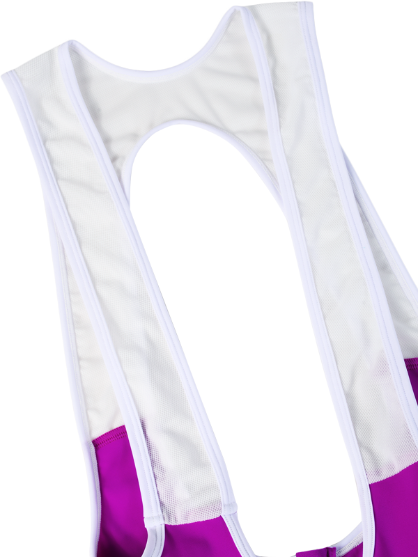 Close-up of the front of a white cycling bib straps with purple fabric sections visible at the bottom corners, shown on a plain white background.