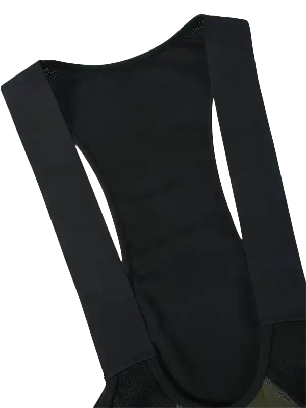 Close-up of a olive and black bib with wide shoulder straps and a curved lower section,