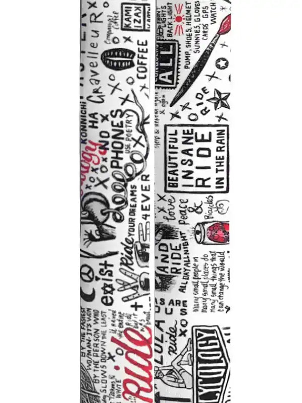 Cycling apparel fabric with bold graphics, ride-themed text, and cycling gear icons for men's and women's wear
