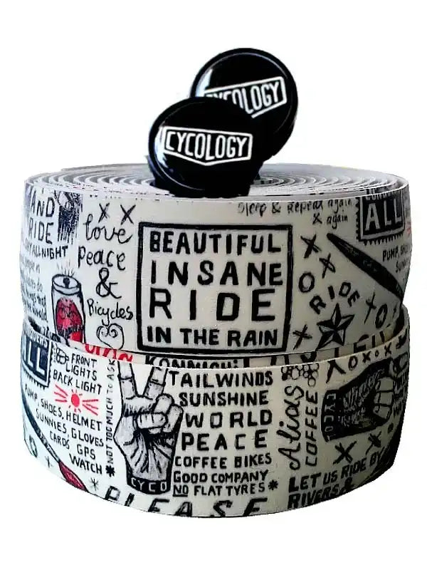 Cycology bike handlebar tape with bold 'Beautiful Insane Ride' print, peace signs, and cycling phrases on white background