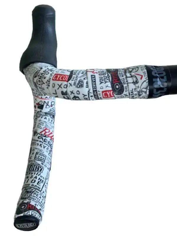 Cycling handlebar tape with bold graphic print, featuring cycling-themed text and logos for road bike performance.