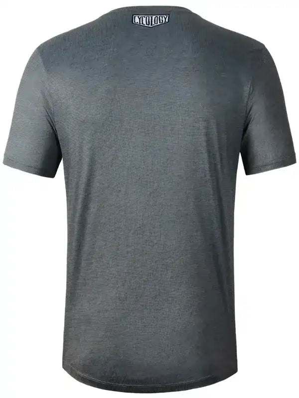 Men's dark gray cycling jersey with ribbed texture and small logo at neckline, ideal for performance rides.