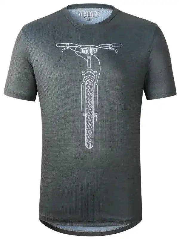 Dark gray men's cycling t-shirt with white bike graphic, breathable fabric for active rides