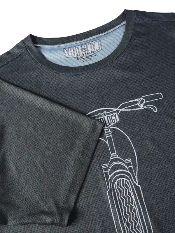 Dark gray cycling jersey with white bike graphic, breathable fabric, ideal for men's and women's rides